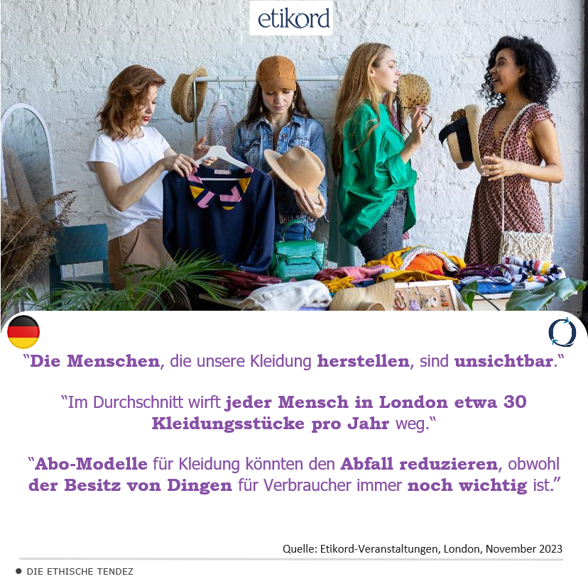 Drei Frauen begutachten und diskutieren nachhaltige Modeartikel bei einer Etikord-Veranstaltung in London, umgeben von Kleidungsstücken und Accessoires in einem hellen Raum.