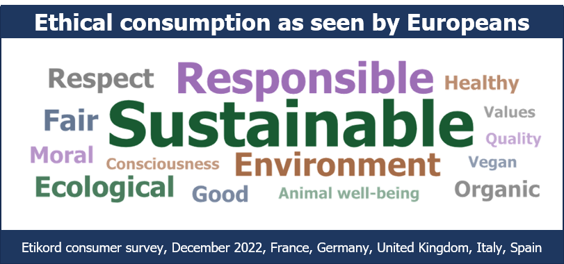 Word cloud showing the most commonly associated terms with "ethical consumption" in Europe:  sustainable, responsible, environment, fair, ecological, fair and respect.