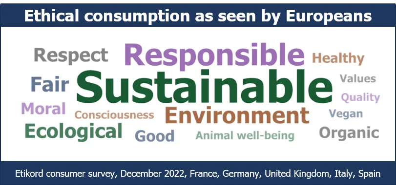 Word cloud showing the most commonly associated terms with "ethical consumption" in Europe: sustainable, responsible, environment, fair, ecological, fair and respect.