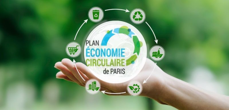 Piano dell'Economia Circolare di Parigi: Una mano tiene un simbolo che rappresenta il Piano dell'Economia Circolare di Parigi, circondato da icone per il riciclaggio, gli edifici ecologici, la riduzione dei rifiuti e lo shopping sostenibile, sottolineando l'impegno della città per la sostenibilità.